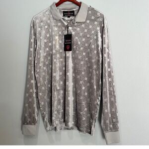 Suslo Couture Mens Slim Fit Long Sleeve Velvet Geometric Polo Shirt Size L